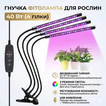 Светодиодная фитолампа для растений с таймером на 4 головки 40 Вт от USB гибкий настольный фитосветильник на прищепке с полным спектром LED лампа для рассады и цветов