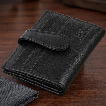 Кошелек-визитница ST Leather из натуральной кожи черного цвета маленького размера с хлястиком кнопкой (bg192fash08)