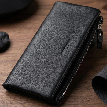 Жіночий гаманець з натуральної шкіри ST Leather чорного кольору великого формату з двома блискавками та кишенями для карт (bg225fash27)