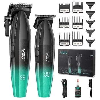 Набір для стрижки VGR V-640 GREEN 2 в 1, акумуляторна машинка для волосся та тример з LED-дисплеєм, USB-C зарядкою та насадками