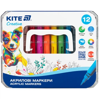 Набор акриловых маркеров Kite Creative 12 шт с жидкими чернилами K-1161
