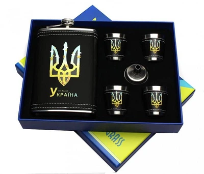 Подарунковий набір 5в1 Україна фляга, чарки . лійка, коробка