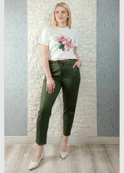 Стрейчеві брюки зі стрілками та леопардовим поясом оливкові Italy Moda 15-606 - оливковий - L-XXL