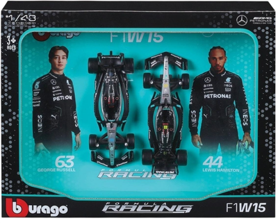 Zestaw metalowych modele samochodów Bburago F1 Petronas Team Mercedes-AMG W15 63 George Russell oraz 44 Lewis Hamilton 1:43 18-38115 (4893993381159)