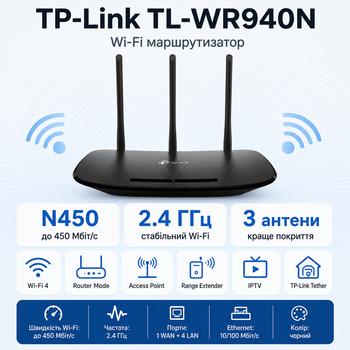 Wi-Fi роутер TP-Link TL-WR940N, 2.4 ГГц, 3 антени, чорний