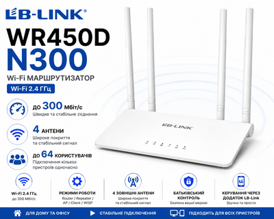 Маршрутизатор LB-LINK WR450D, N300, Wi-Fi 2.4 ГГц, до 300 Мбіт/с, 4 антени
