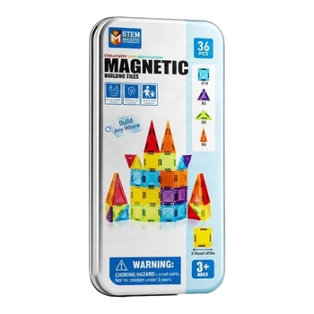 Дорожній магнітний міні-конструктор Mini Magnetic Tiles у металевому боксі 36 деталей