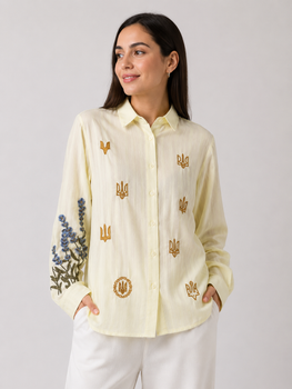Женская рубашка оверсайз с дизайнерской вышивкой Modna KAZKA MKZAR22050/1 - Oversize 42/52, Жовтий