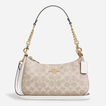 Сумка-багет женская из натуральной кожи маленькая Coach Teri Shoulder Bag In Signature Canvas BG-COA-89 Бежевая (196395556632)