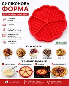 Силіконова форма для вафель і печива Сердечка 18 см на 5 секцій форма для випікання вафель, десертів та печива