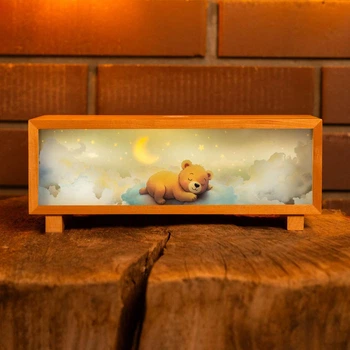 Ночник-панорама "Мишка на облаках", лакированное дерево (LED, Аккумулятор, USB Type-C)