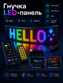 Гибкая светодиодная панель RGB с анимацией 120×595 мм с управлением через Wi-Fi и пультом для оформления интерьера с влагозащитой IP65 и USB питанием 5V