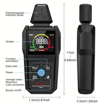 Детектор електромагнітного випромінювання MESTEK EMF01, EMF-метр 3-в-1, з кольоровим екраном, для вимірювання електричного поля, магнітного поля та температури, чорний