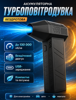 Портативная воздуходувка-турбовентилятор с встроенным аккумулятором для раздувания угля и очистки пыли с бесщеточным двигателем до 130000 об/хв USB-зарядка и защита от перегрева
