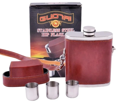 Фляга з харчової нержавіючої сталі обтягнута шкірою (256мл/9oz.) + чарки BZ-9 Коричнева