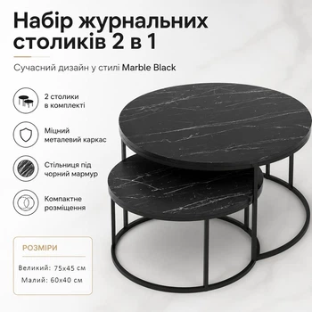 Набор журнальных столиков Solme Homepaketo 2 в 1 разных диаметров, круглая столешница из ДСП + металлический каркас, черный мрамор