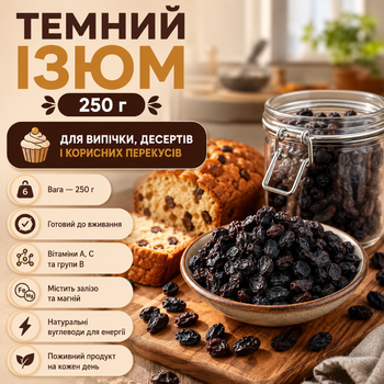 Изюм темный теневой 250 г натуральный сушеный виноград для выпечки, десертов и полезных перекусов