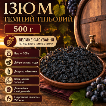 Изюм темный теневой 500 г натуральный сушеный виноград без косточек для выпечки и перекусов