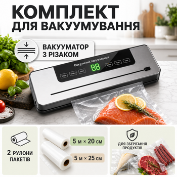 Комплект вакууматор для еды с резаком и 2 рулона пакетов 5 м × 20 см, 5 м × 25 см