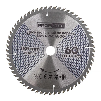 Пиляльний диск по дереву PROFI-TEC 185×20×60T, твердосплавний, 185 мм, 60 зубів
