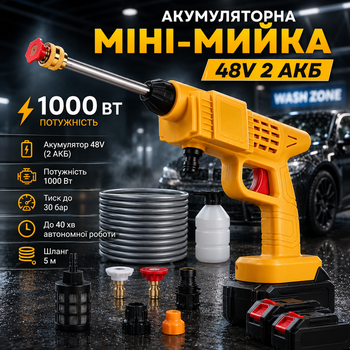Аккумуляторная мини-мойка высокого давления 48В 1000 Вт 2 АКБ в кейсе черная
