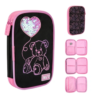Пенал школьный YES, 1 отделение, Pink Bear, мягкий, с LED, Черный, (533777)