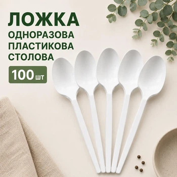 Ложка столовая пластиковая одноразовая белая большая 100 шт (ложка суп)