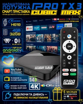 Смарт ТВ-приставка iPROCUBIC TX3 MAX 4/32Гб Android TV 14 Allwinner H618 Потужна андройд приставка з Bluetooth-пультом, мікрофоном та голосовим пошуком, 4K HDR, Wi-Fi, медіаплеєр, ТБ у подарунок від SweetTV та YouTV 6 міс. (power by Tanix TX3 MAX)