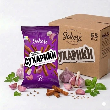 Ящик сухариків житньо-пшеничні 65 уп Часник Jokers м/у 60г