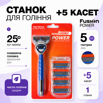 Бритвений станок Fast Shave Power з 5 змінними касетами, 5 лез, сумісний з Gillette Fusion Power