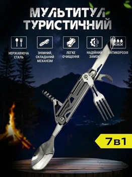 Многофункциональный набор мультитул складной (ложка, вилка, нож) 5 в 1 E-TAC A-51 Silver