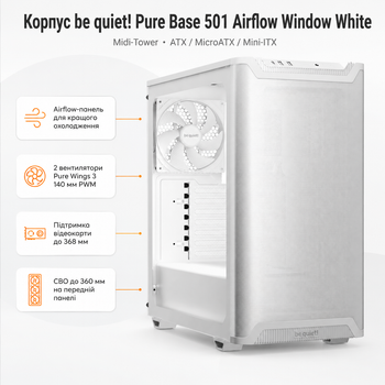 Корпус для ПК be quiet! Pure Base 501 Airflow Window Midi-Tower без БЖ ATX/MicroATX/Mini-ITX White (BGW75)