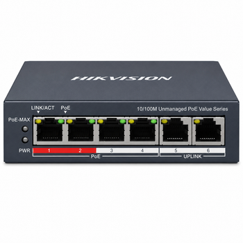 Сетевой коммутатор Hikvision DS-3E0106P-E/M(B) настольный неуправляемый 6-портовый PoE 3–50 Вт