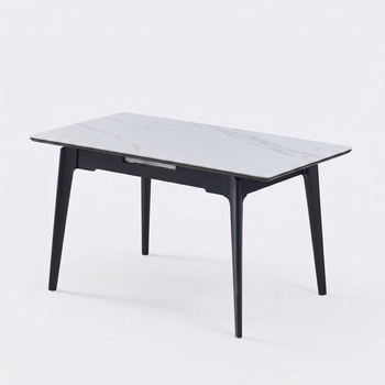 Стол обеденный раскладной в гостиную, кухню из керамики/металл BERLIN CERAMIC 111(140)*75 Intarsio белый глянец/черный каркас