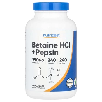Бетаїн HCl і пепсин, Betaine HCl + Pepsin, Nutricost, 240 капсул