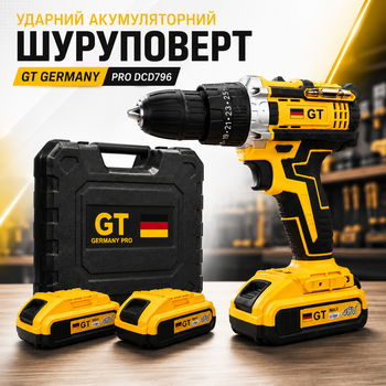 Ударный аккумуляторный шуруповерт GT Germany PRO DCD796 48 В 6,0 А·ч, бесщеточная дрель-шуруповерт с ударной функцией, 2 аккумулятора, крутящий момент 450 Нм, патрон 13 мм, чехол