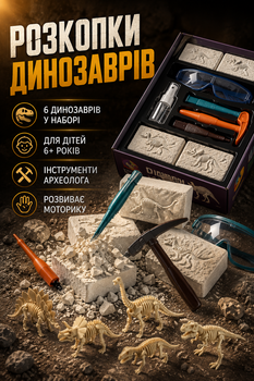 Набір для розкопок динозаврів Dig Dinozavr Skeleton 6 в 1 розвивальні іграшки для дітей з елементами археології LS-469