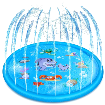 Игровой водный коврик фонтан 100 см для детей круглый ПВХ с голубым дельфином синий LS-1624