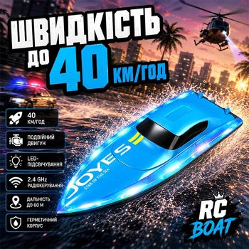 Катер на радиоуправлении JOYES S7 32 см. с подсветкой и пультом 2.4GHz. Детский скоростной радиоуправляемый кораблик 40км/ч, лодка, водная яхта blue