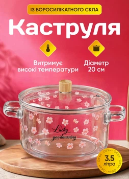 Стеклянная кастрюля с крышкой 3.5 л жаропрочная кастрюлька из термостойкого стекла Прозрачный с рисунком