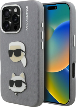 Etui plecki Karl Lagerfeld FW Grained Karl & Choupette Heads Pins do Apple iPhone 16 Pro Max Grey (KLHCP16XPSFDHPG)