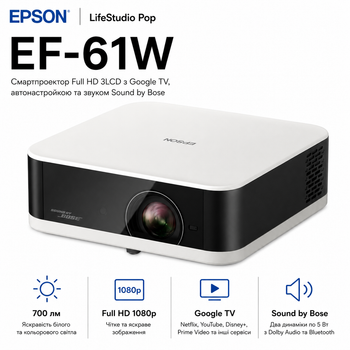 Проектор Epson LifeStudio Pop EF-61W 3LCD FHD 700 ANSI лм HDMI USB-B Wi-Fi White (V11HB72042)