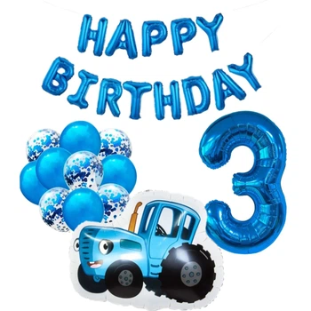 Набор шаров синих с цифрой 3 и фольгированной надписью Нappy birthday с синим трактором