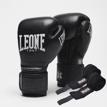 Боксерские перчатки Leone GN111 THE GREATEST Black 18 унций (бинты 4 м. в комплекте)