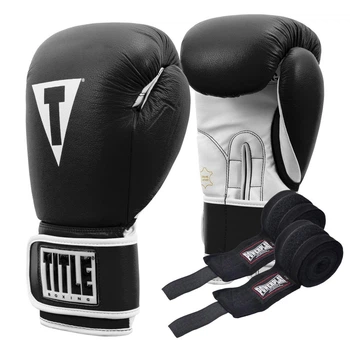 Боксерские перчатки TITLE Boxing Pro Style Leather Gloves3.0 Black/White 14 oz (бинты 4м. в комплекте)