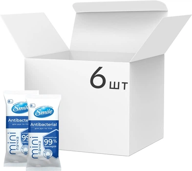 Упаковка влажных салфеток Smile Mini Antibacterial с Д-пантенолом 6 пачек по 8 шт (42504027)