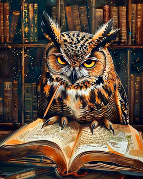 Алмазна мозаїка Сова з книгою, 40×50 см, повна викладка, квадратні камені, без підрамника
