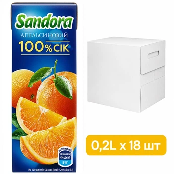 Упаковка апельсинового сока 100% Sandora без сахара, 18 шт. х 200 мл