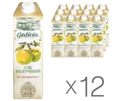 Упаковка натурального яблочного сока Galicia без сахара, 12 шт. х 1 л