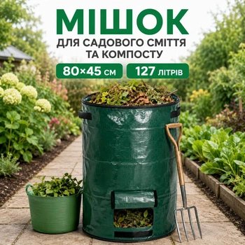 Садовый мешок для компоста с ручками и окошком (зеленый, 80х45 см, 127 литров, складной)